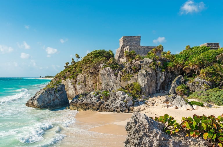 Tulum beach and Mayan temple ruins by Caribbean Sea, Yucatan, Mexico